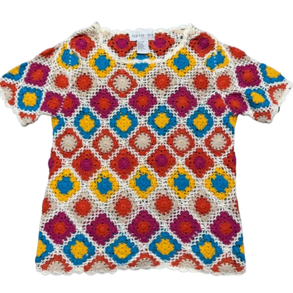 Bedford Fair Summer Rainbow Granny Square Crochet Short Sleeve Top (Size M)
